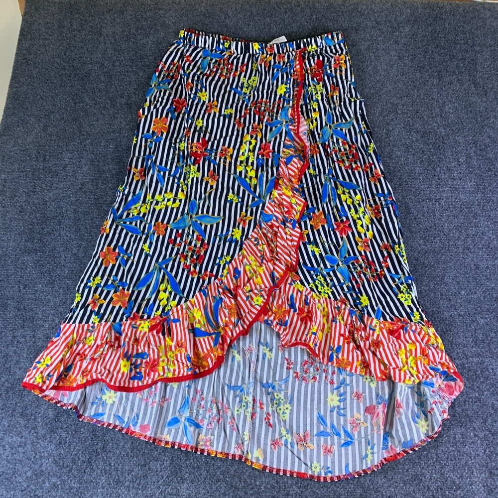 MAGIC Maxi Skirt Womens XL Multicolor Striped Floral Ruffle Hem Elastic Waist